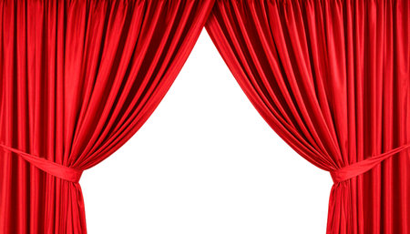 A pair of luxurious red velvet curtains are pulled open to reveal a bright white space behind. The curtains are tied back with matching fabric ties, creating a dramatic opening.の素材