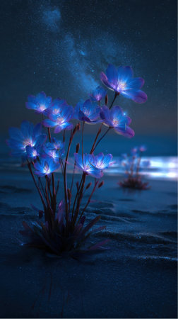 Flowers with blue petals and stems grow on a sandy beach under the night sky. The flowers appear to glow, adding to the surreal and enchanting ambience. A body of water is in the background.の素材
