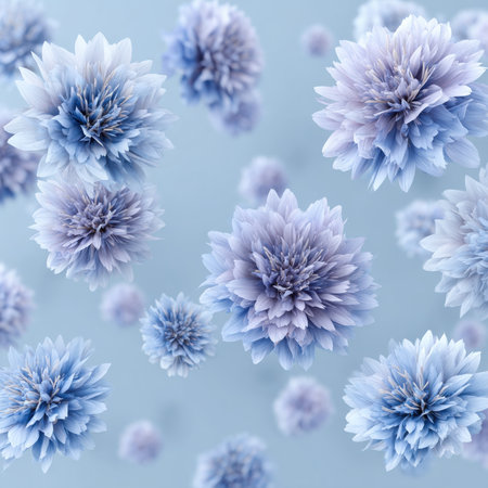 Several fluffy, layered flowers of various sizes with blue and light purple hues float against a pale blue background. Soft, even lighting enhances their delicate appearance.の素材