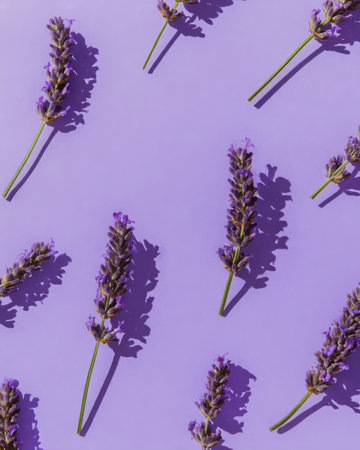 Several stems of purple Lavender are scattered on a plain, light purple background. Sunlight creates shadows from the blooms. The simple floral arrangement makes a repeating pattern.の素材
