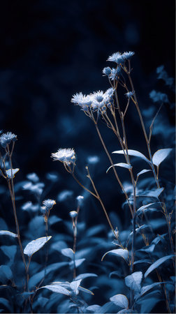 A low angle presents white Erigeron flowers with thin stems and green leaves. The composition is a field of wildflowers against a dark, moody background in the evening.の素材