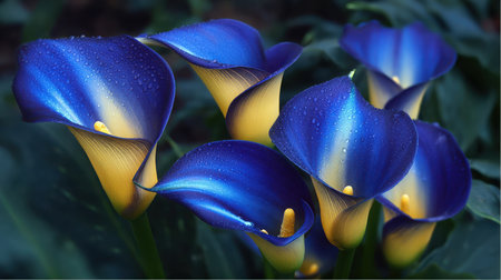 Several elegant Calla Lilies are displayed, featuring vibrant blue petals with golden throats. Water droplets cling to the petals, suggesting a recent rainfall or morning dew in the garden.の素材