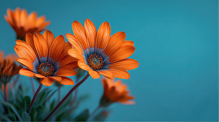 Several orange African Daisy flowers are shown in sharp detail against a vibrant Turquoise background. The bright, vivid flowers provide a striking contrast to the blue.の素材