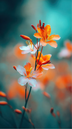 Several vibrant orange and white blooms rise from a slender stem. A beautiful, soft bokeh background of blues and oranges creates a painterly aesthetic, emphasizing the floral beauty.の素材