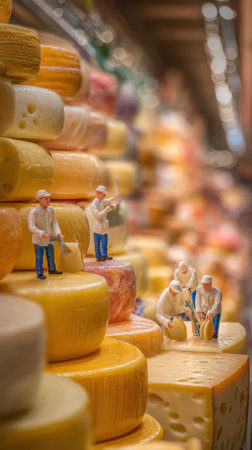 Tiny worker figures are meticulously cutting and preparing large wheels of cheese. The arrangement suggests a creative food preparation installation or market display with great detail.の素材
