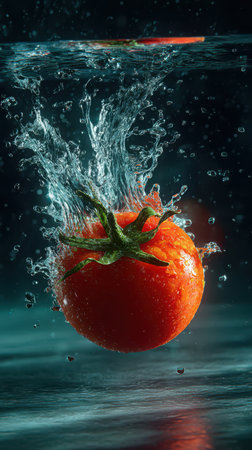 A ripe red tomato, adorned with a fresh green stem, drops into clear water. The impact generates a dynamic splash, capturing motion and creating a refreshing visual effect.の素材