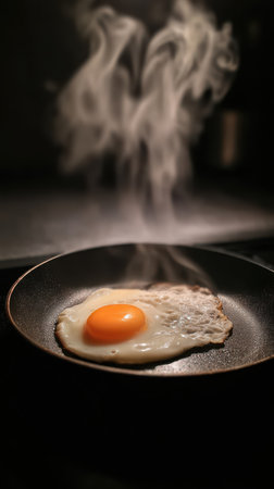 One sunny side up egg sizzles and steams in a dark frying pan on a dark stove top surface. The egg yolk is bright orange. Steam rises in tendrils from the cooking egg.の素材