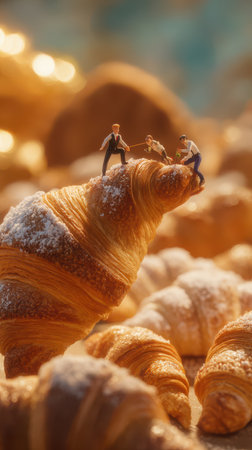 Three miniature figures scale a gigantic croissant topped with powdered sugar. One figure pulls another up the pastry as the third figure offers assistance. More croissants are in the background.の素材