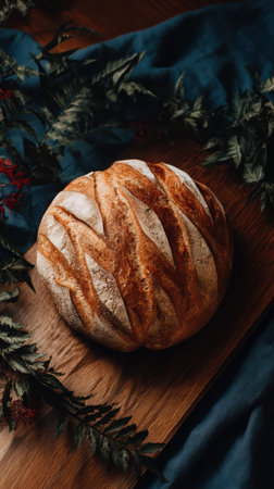 A fresh loaf of sourdough bread sits on a cutting board. The bread features a scored crust. Greenery and a blue cloth surround the bread on the wood surface.の素材