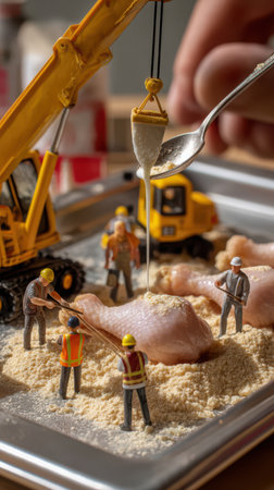 Several miniature construction worker figurines are working to bread raw chicken legs. A crane toy suspends a bucket of liquid sauce over one drumstick, as a spoon pours the sauce.の素材