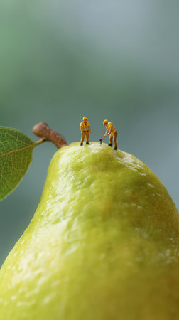 Miniature construction workers are on top of a giant pear with a leaf. One worker is using a pickaxe while the other appears to be directing the work.の素材
