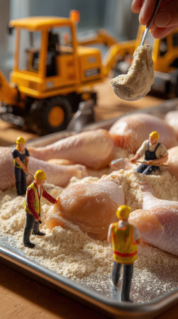 Miniature construction workers are placing flour on chicken legs. One worker uses a spoon, while toy excavators sit in the background of the metal pan on a table surface.の素材