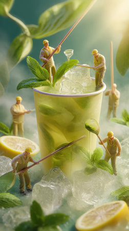 A group of miniature workers wearing overalls and hardhats are making lemonade. The tiny men are using gardening tools around a cup with ice, mint, and lemons.の素材