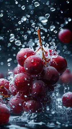 A cluster of red Globe grapes is hit with a burst of clear water droplets, creating a splash. The grapes glisten with moisture on a neutral colored background.の素材