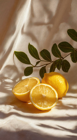 Lemons, including a cut half, and a sprig of green leaves rest on white, textured fabric. Natural light creates shadows across the surface.の素材