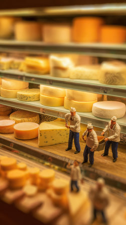 Miniature people, dressed as workers, are cutting a wedge of cheese with a saw. The scene takes place inside a cheese store with shelves full of different types of cheese.の素材