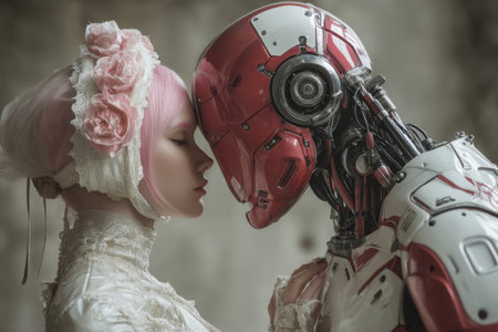 A pale skinned woman in vintage white dress and pink hair touches foreheads with a red and white mechanical robot in an intimate gesture, evoking themes of love, technology, and humanity.の素材