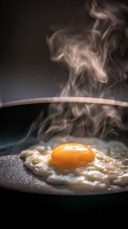 A fried egg sizzles in a dark pan, with the bright yellow yolk contrasting the cooked whites. Steam rises above the egg, creating a culinary breakfast experience.の素材