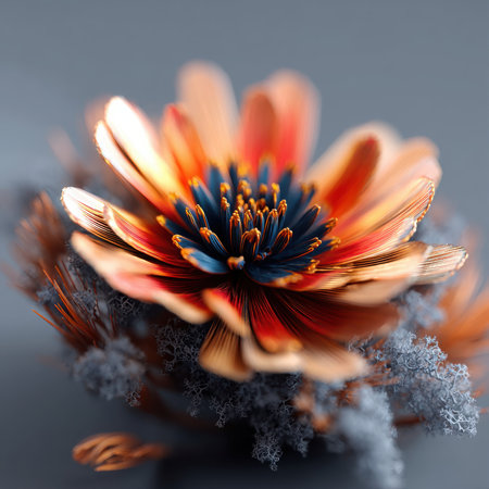 Close-up shows a flower with petals that transition from gold to red, contrasting with a blue center. It is set against a soft gray background, creating an ethereal effect.の素材