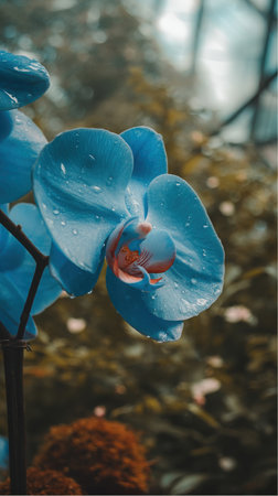 A single blue Moth Orchid bloom is captured in detail, adorned with water droplets. The petals, a vibrant shade, contrast with a warm, out-of-focus background during daylight.の素材