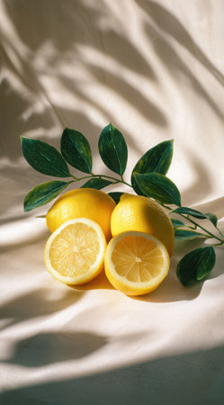 Several ripe yellow lemons, including two halves, are placed on a draped white fabric with green leaves. Sun casts shadows across the composition.の素材