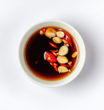 A small, white bowl holds soy sauce, flavored with visible slices of fresh red chili peppers and garlic cloves. The sauce is dark and glossy, adding to the presentation.の素材