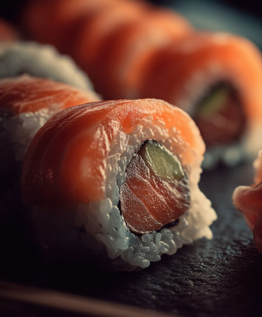 A macro shot captures a delicious salmon sushi roll on a black surface. The roll contains rice, seaweed, and salmon, creating a mouthwatering Japanese culinary delight.の素材