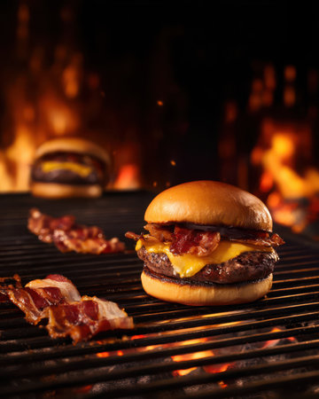 Freshly grilled bacon cheeseburger with melted cheese and crispy bacon sits on a hot grill alongside crispy bacon strips. Another burger cooks in the background by the fire.の素材