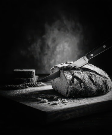 Rustic loaf is cut with a serrated knife on a dark wooden cutting board. There are sliced bread and wheat spikes visible. It is a black and white, high contrast.の素材