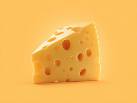 A wedge of yellow Swiss cheese with holes is positioned against a plain yellow background. The cheese is evenly lit and stands upright on its base.の素材