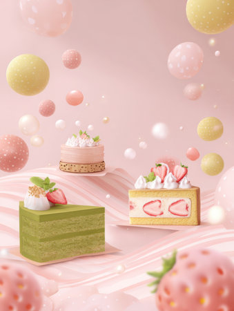 Various pastries, including Matcha cake and Strawberry shortcake, are displayed floating against a soft pink background with spherical decorations, creating a sweet and dreamy food fantasy.の素材