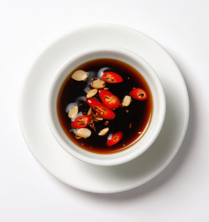 Soy sauce, a light cream, red chili peppers and garlic pieces fill a white bowl. The bowl is placed on a plain white plate. Minimalist presentation, clean studio style.の素材