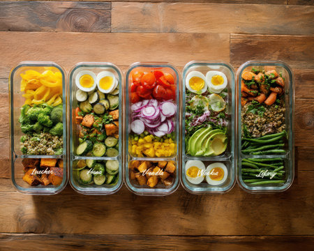 Five glass meal prep containers are filled with different cooked and fresh ingredients. Assorted vegetables, eggs, and grain combinations offer a balanced nutritious plan.の素材
