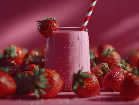 A glass of pink strawberry smoothie with water droplets sits among fresh strawberries. A red and white striped straw is in the glass, and one strawberry is perched on the rim. The background is pink.の素材