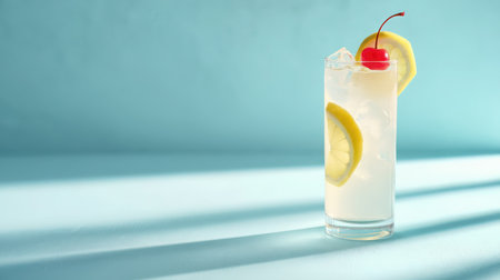 Refreshing Tom Collins drink with ice cubes is served in a tall glass. Yellow lemon slices decorate the glass along with a red cherry. The backdrop is light blue color.の素材