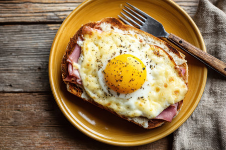 Croque madame is presented on a yellow plate, featuring a fried egg, melted cheese, ham, and toast. A fork and folded linen cloth rest on a wooden table, next to the prepared meal.の素材