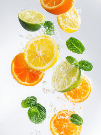 Sliced oranges, lemons, and limes, along with fresh mint leaves, are suspended in mid-air as water splashes around them. It creates a refreshing and vibrant presentation.の素材