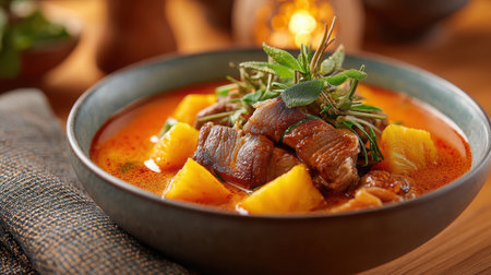 A bowl of hot beef stew with potatoes rests on a wooden surface beside a napkin. The stew is garnished with herbs. A dim candle light is visible in the background.の素材