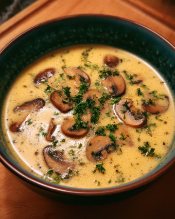 Close-up view shows mushroom soup in a bowl. The soup is topped with sliced mushrooms and fresh parsley. It looks very flavorful and is probably served for dinner at home or in a restaurant.の素材