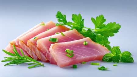 Thin, seared tuna slices are displayed with a vibrant assortment of green herbs. Rosemary, parsley, and mint leaves, alongside chopped scallions, provide a flavorful garnish.の素材