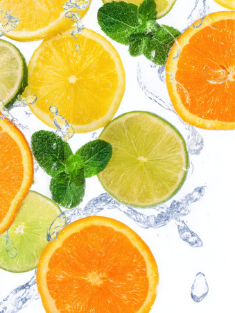 Slices of fresh lemons, limes, and oranges are positioned next to sprigs of mint. Splashes of water surround the fruit and mint, all against a bright white background.の素材