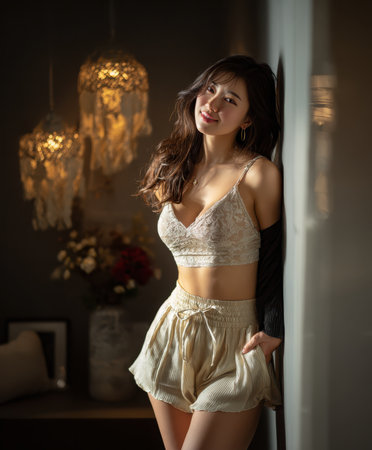 A young woman wearing a lace crop top and shorts smiles while leaning against a wall in a softly lit room. Chandeliers and vases of flowers decorate the background.の素材