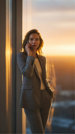 A young woman, wearing a business suit and pants, talks on her cellphone. She is standing next to a window. Golden Hour light comes through the glass, lighting up the scene.の素材