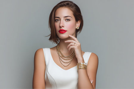 A woman with short, dark hair and red lipstick wears a white dress and gold jewelry, including a necklace, bracelet, earrings, and ring.の素材