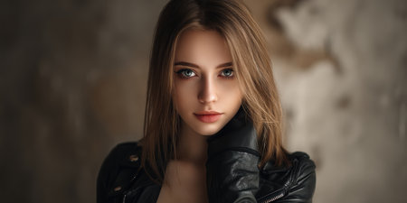 A beautiful young woman with fair skin and light brown hair poses looking directly into the camera while wearing a black leather jacket. She rests her hand on her neck.の素材