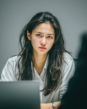 A young woman with long dark hair sits at a desk. She is wearing a white button-down shirt and a watch, looking directly at the camera with a serious expression. A laptop is in front of her.の素材