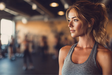 A young woman wearing workout attire stands at the Gym. She is looking towards her right. There are other individuals working out in the background. The lights are on in the gym.の素材