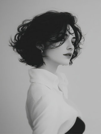 A young woman in a light colored, button-up shirt poses in profile. The woman has short, curly dark hair, and light skin. The background is a neutral tone.の素材