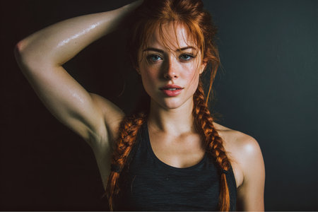 A sweaty athletic woman with red hair in braids wears a black sports top. She poses indoors in a studio after exercising, looking at the camera. She has her hand up near her head.の素材