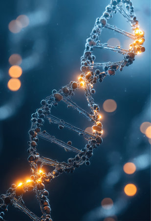 Abstract rendering shows a stylized version of a double helix DNA molecule with bright spots along its strand, representing genetic activity in a dark blue environment.の素材